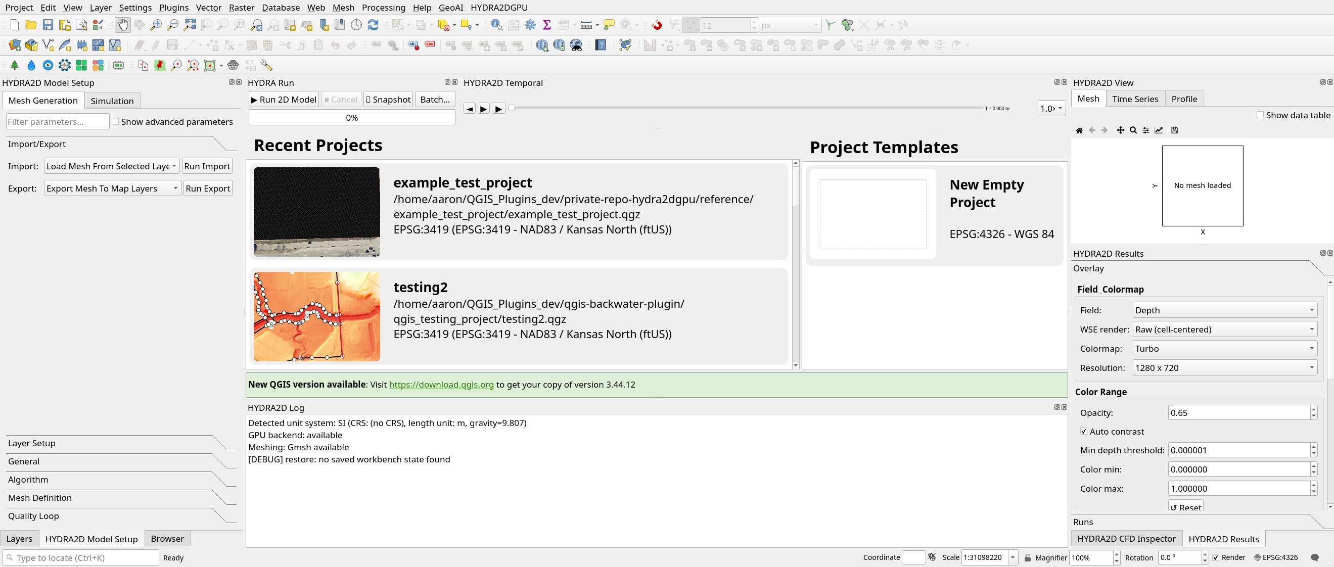 HYDRA2DGPU Studio workbench inside QGIS